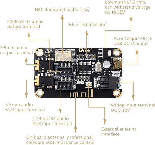 Miniatura 2 de DROK Placa de Bluetooth, Receptor de Audio de 12V, Módulo de Bluetooth DC 5V-12V, Electrónica Portátil, Circuito de Recepción de Música Estéreo