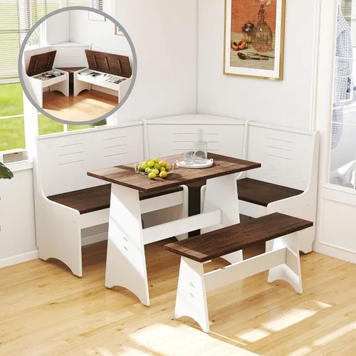 Miniatura 8 de Juego de rincón de desayuno de 3-4 asientos en forma de L con almacenamiento oculto - Mesa de comedor de cocina esquinera que ahorra espacio y juego