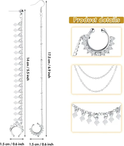 Miniatura 2 de Hicarer 3 piezas de anillos de cadena de aro de nariz de doble capa para tabique sin perforación, aretes de cadena colgantes