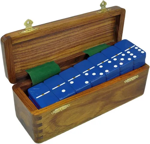 Marion Domino Double Six Blue Jumbo Torneo Tamaño Profesional con Spinners en caja de madera Sheesham de cola de milano. Azul