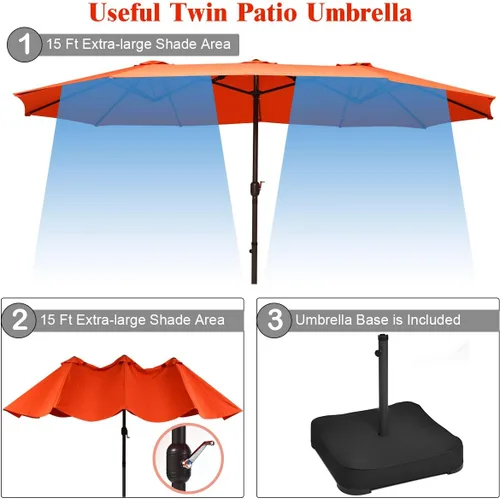 Miniatura 7 de Tangkula Paraguas de doble cara para patio de 15 pies con base, sombrilla de mesa individual extragrande para exteriores con manivela Naranja