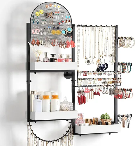 Miniatura 10 de Keebofly Organizador de joyas colgante de montaje en pared, soporte de exhibición grande para aretes, anillos, collares, pulseras, relojes y Negro