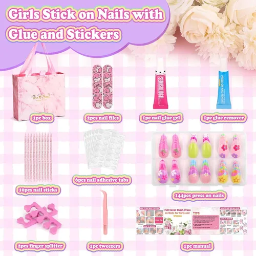 Miniatura 4 de 144 uñas postizas a presión con pegamento, kit de uñas postizas de almendra con calcomanías de gelatina y adhesivo constructor de uñas, lindas uñas