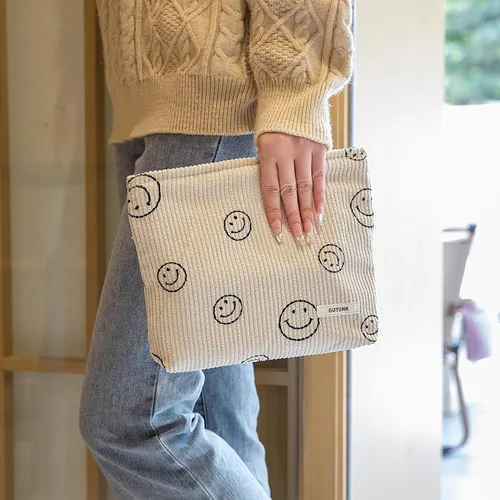 Miniatura 5 de Bolsa de maquillaje para mujeres, bolsa de cosméticos de pana con diseño estético, bolsa de mano para damas, estuche para lápices para niñas, lindo
