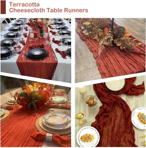 Miniatura 5 de Paquete de 12 caminos de mesa de estopilla, 35x120 pulgadas, caminos de mesa terracota, rústicos, naranja quemado, tela de queso, bóheme, gasa