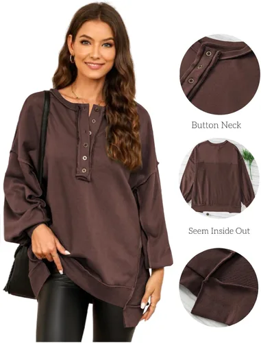 Miniatura 93 de AlvaQ - Sudadera de gran tamaño para mujer, informal, de manga larga, con botones y cuello Henley, tipo túnica