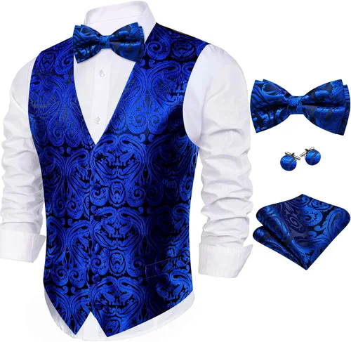 Miniatura 69 de Barry.Wang Conjunto de chaleco de pajarita para hombre, chaleco con cuello en V de seda jacquard de cachemira, gemelos de pañuelo formal/ocio, boda