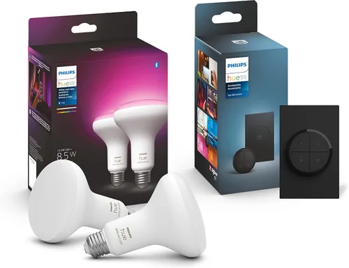 Philips Hue (1) Interruptor de luz de esfera negra con (2) bombillas LED Smart 85W BR30, luz blanca y cambio de color ambiental de color, 1200 LM,