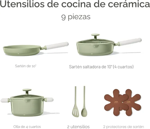 Miniatura 2 de CAROTE - Juego de ollas y sartenes antiadherentes, juego de utensilios de cocina de cerámica, juego de cocina verde para inducción con vaporera