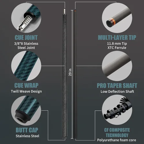 Miniatura 2 de Taco de piscina de fibra de carbono, eje de fibra de carbono premium, palos de billar Pro Taper con punta multicapa, agarre sin envoltura, junta