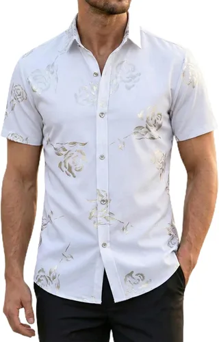 Miniatura 15 de ZEROYAA - Camisas de vestir de manga corta con estampado de rosa dorada para hombre, estilo hipster, calce ajustado, con botones