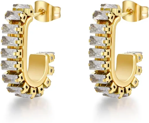 FRUMOS Aretes de oro para mujeres y niñas, chapados en oro de 18 quilates con plata de ley 925 con circonita cúbica Aretes tipo dormilona con