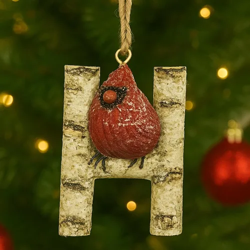 Miniatura 23 de Adorno de Navidad con letra inicial cardenal rústica, aspecto de madera de abedul, alfabeto colgante, decoración con monograma para árbol de Letra R