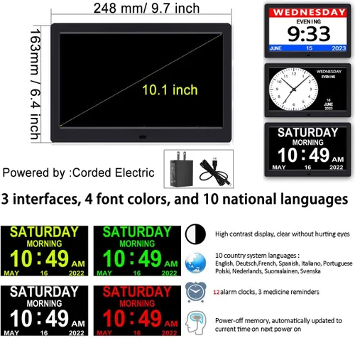 Miniatura 2 de AINFTIME Reloj DST con día y fecha para ancianos, 3 pantallas, calendario digital, alarma, día, demencia, Alzheimer, reloj con pantalla extragrande