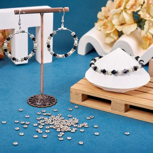 Miniatura 3 de Fashewelry 1000 cuentas espaciadoras de flores de margarita de plata antigua, de 4 a 0.177 in, copos de nieve tibetanos, flores de invierno, cuentas