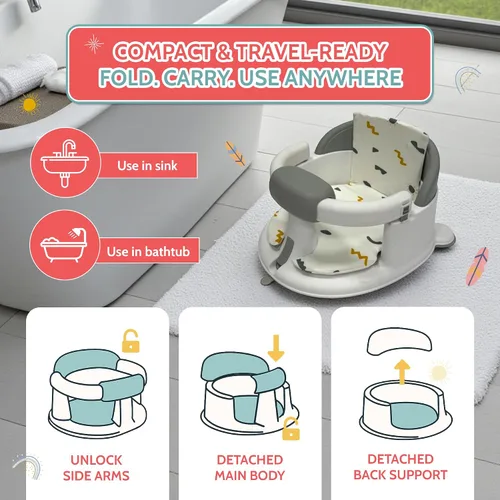 Miniatura 5 de BEBECAN Asientos de Baño Antideslizantes para Bebés 6-12 Meses, Silla de Bañera para Niños Pequeños con Cojín Lavable, Cepillo de Tapa y Taza