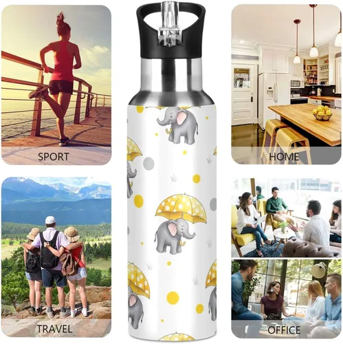 Miniatura 5 de Cute Elephants Yellow Umbrellas Stainless Steel Vacuum Insulated Water Bottle 32 Oz Leakproof Water Bottles, BPA-Free Sport Water Bottle