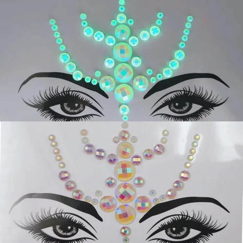 Joyas faciales para mujeres, maquillaje para festivales, gemas faciales autoadhesivas de Halloween, tatuaje temporal fluorescente, joyas corporales