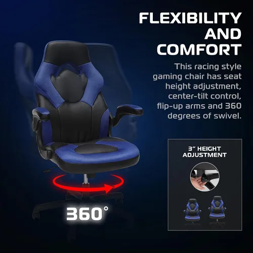 Miniatura 4 de RESPAWN 3085 Silla de juegos ergonómica para adultos, silla de oficina de respaldo alto con reposacabezas y brazos abatibles, asiento de cuero Azul
