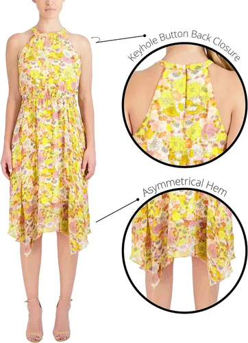 Miniatura 5 de BCBGeneration Vestido midi ajustado y acampanado con cuello halter elástico y dobladillo asimétrico, Libro de cuentos Floral