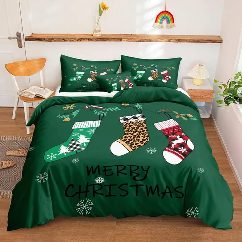 Miniatura 34 de Juego de ropa de cama de Navidad con funda de edredón de copos de nieve, color blanco y rojo, con estampado navideño, juego de ropa de cama festiva