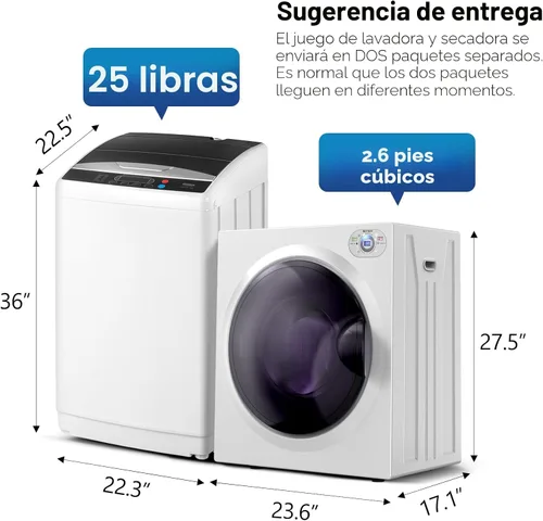 Miniatura 3 de ROVSUN Juego de lavadora completamente automática de 25 libras y secadora de ropa portátil de 2.6 pies cúbicos, juego combinado de lavadora