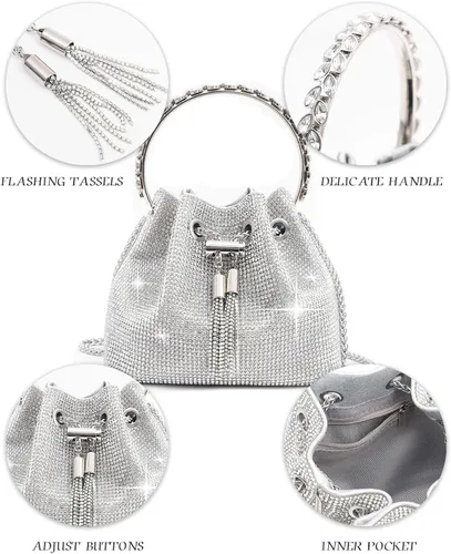 Miniatura 3 de Women's Silver Rhinestone Purse Luxury Diamond Shining Clutch Chain Crossbody Bucket Bling Bling Evening Bag