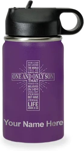 Miniatura 34 de LaserGram Botella de agua personalizada, versículo bíblico John 3-16, acero inoxidable de doble pared aislada al vacío con popote superior, regalo