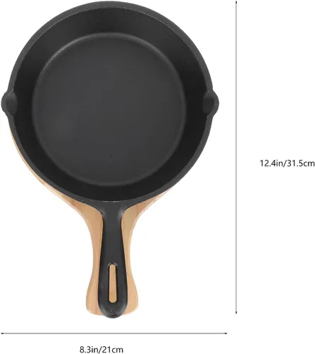 Miniatura 2 de Sartén antiadherente de hierro fundido grueso con mango y tabla de madera, sartén de cocina para el hogar para huevos, panqueques, pizza y carne