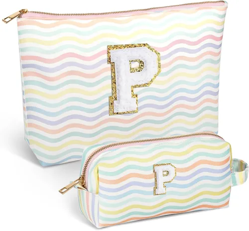 Miniatura 42 de Bolsa de viaje de maquillaje con monograma de 2 piezas para regalos de niñas adolescentes, bolsa de cosméticos para niñas, bolsa de aseo de viaje