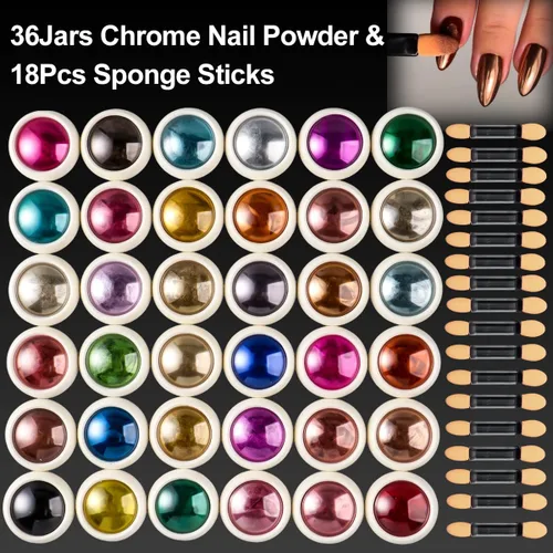 Miniatura 2 de Kit de 36 tarros de polvo de uñas cromado, espejo metálico, pigmento de polvo cromado para uñas de gel, juego de polvo holográfico con purpurina