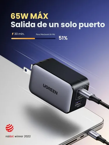Miniatura 2 de UGREEN Nexode Cargador de pared GaN USB C de 65W, adaptador de corriente compacto plegable de 3 puertos y carga rápida para iPhone serie 17/16/15