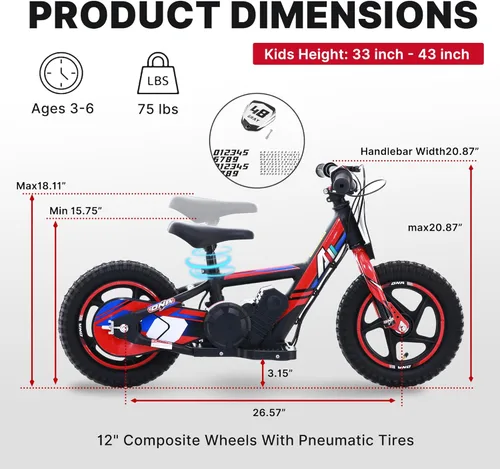 Miniatura 5 de AIII Motocicleta eléctrica ligera para niños, motocicleta eléctrica de 170/340 W de hasta 10/12 MPH, batería desmontable de 24 V, bicicleta de Rojo