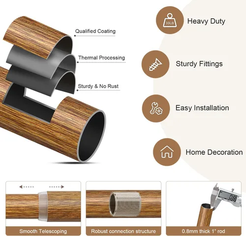 Miniatura 7 de Lootkell Barras de cortina de madera para ventanas de 66 a 120 pulgadas de diámetro, bohemio, decorativo, resistente, largo, ajustable, con diseño
