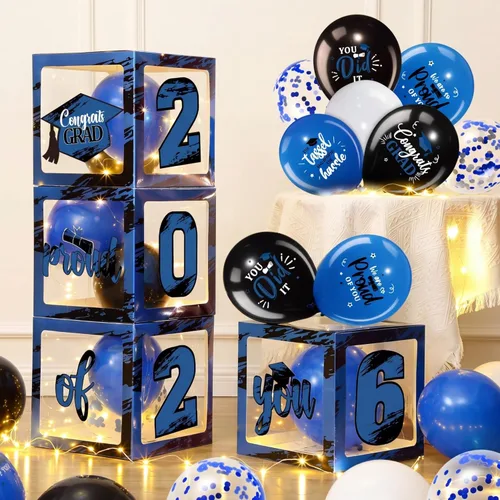 Woanger 44 piezas de decoración de caja de graduación 2026 – Juego de cajas de fiesta de graduación de felicitaciones con cuerdas de luz LED y Azul