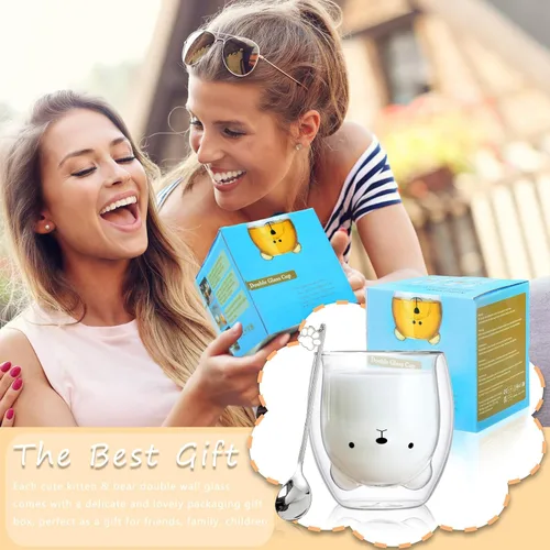 Miniatura 5 de Binoster Tazas Lindas de Oso Kawaii de Vidrio de Doble Pared para Café y Té, Taza de Yogur Divertida, Regalo Novedoso para Mujeres, Sus Amigas