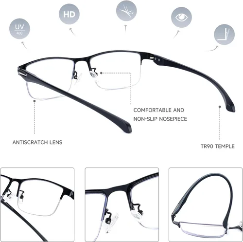 Miniatura 4 de SKYOAK Paquete de 2 lentes de lectura TR90 de alta calidad para hombres, medio marco sin línea, bloqueo de luz azul, para lectura frente a