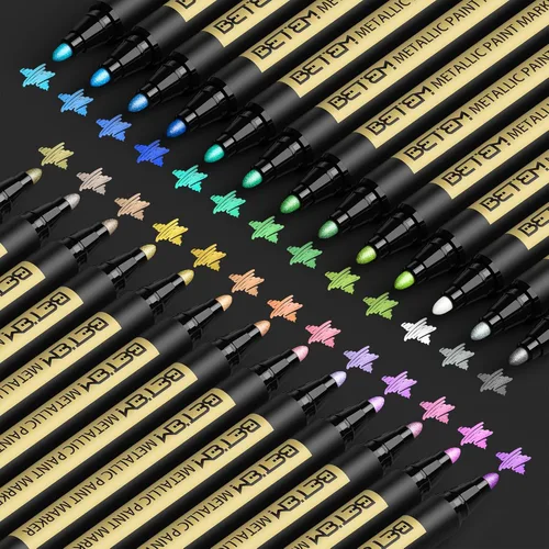 Betem Marcadores de pintura metálica, marcadores metálicos acrílicos de 26 colores para papel negro, bolígrafos con purpurina de punta media de