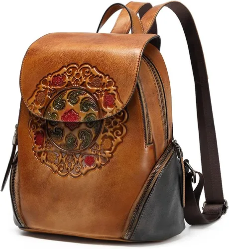 Miniatura 8 de Mochila de cuero para mujer, organizador retro de bronceado vegetal, bolso de cuero vintage en relieve tótem, naranja marrón, Bolso de hombro tótem