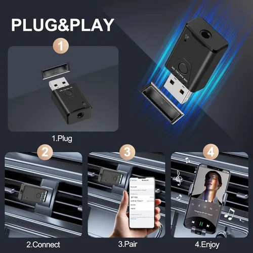 Miniatura 6 de Adaptador USB Bluetooth 5.4 para automóvil, receptor de música Bluetooth Plug & Play, kit de conector auxiliar de 0.138 in para automóvil, micrófono