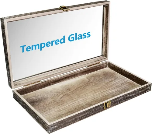 Miniatura 3 de MOOCA Caja de almacenamiento de 2 piezas de vidrio templado de madera con cierre de metal, bandeja de joyería de madera para coleccionables, vitrina
