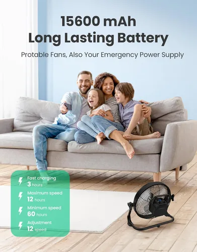 Miniatura 2 de Ventilador de suelo portátil de 10 pulgadas, funciona con pilas, ventilador recargable inalámbrico, ventilador inalámbrico de alta velocidad, carga