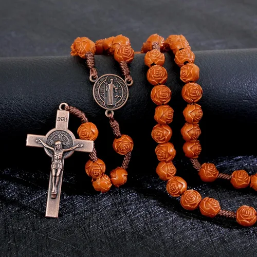 Miniatura 3 de KOMI Rosarios católicos de madera hechos a mano, collar de cuentas de rosario de madera de Belén, oración cristiana, medalla de tierra santa y cruz