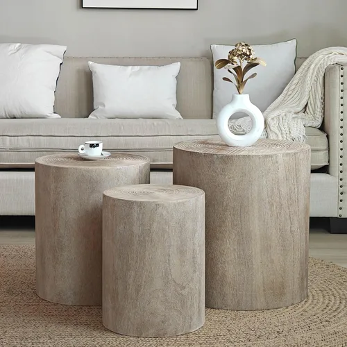 Miniatura 13 de Juego de 2 mesas auxiliares anidables para sala de estar, juego de mesa auxiliar redonda moderno, mesa auxiliar circular de madera y muebles Negro