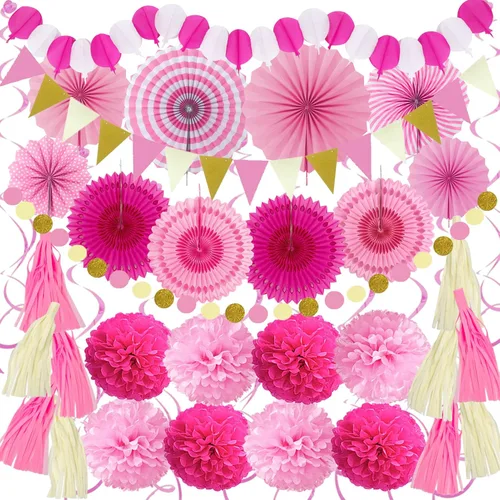 Miniatura 13 de ZERODECO - Decoraciones de fiesta, 41 piezas de abanicos de papel negros y rojos, pompones, guirnaldas, hilo, papel de seda y borlas para Negro Rojo