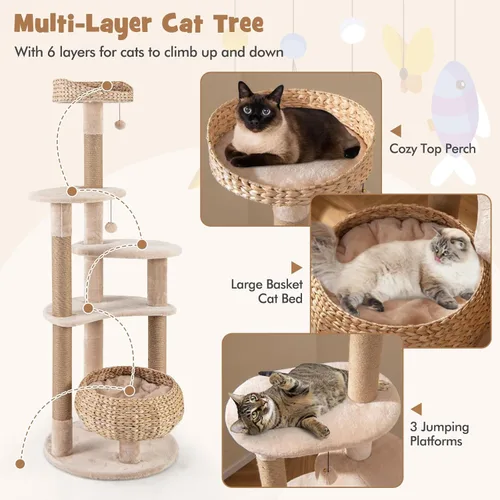 Miniatura 7 de Tangkula Árbol moderno para gatos, torre para gatos de 65 pulgadas de alto con postes rascadores de yute, bolas colgantes, cesta de espadaña
