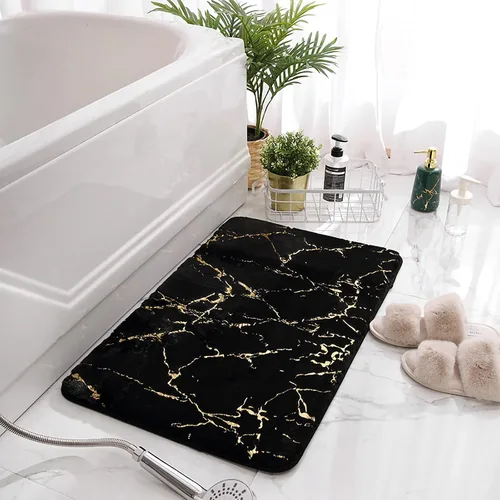 Miniatura 7 de Juego de 3 alfombras y tapetes de baño antideslizantes de mármol negro dorado, suave, lavable, absorbente de agua, con contorno en forma de U y tapa