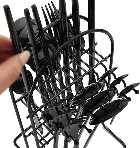 Miniatura 5 de Juego de cubiertos básicos de 24 piezas con un soporte para cubiertos, acero inoxidable 18/0 acabado espejo, cuchillo, tenedor, cucharilla, juego