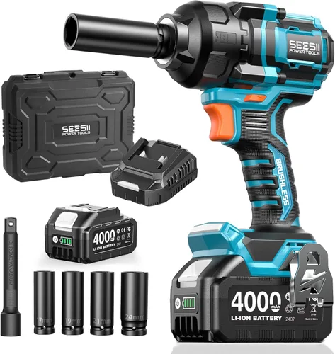 Seesii Llave de impacto de 886 pies (1200 N.m), pistola de impacto de alto par 1/2 con batería de 21 V, 4000 mAh, destornillador de impacto