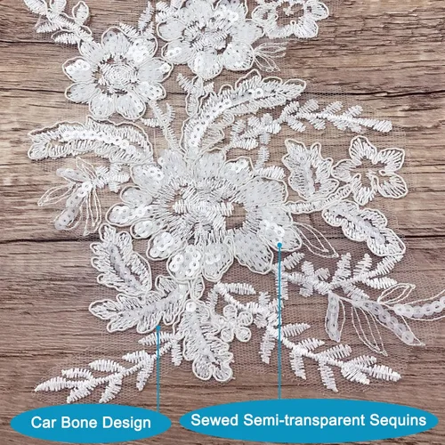 Miniatura 7 de 1 par de apliques de encaje con bordado de flores de lentejuelas, parches para coser para boda, vestido de novia, vestido de fiesta, ropa, corpiño